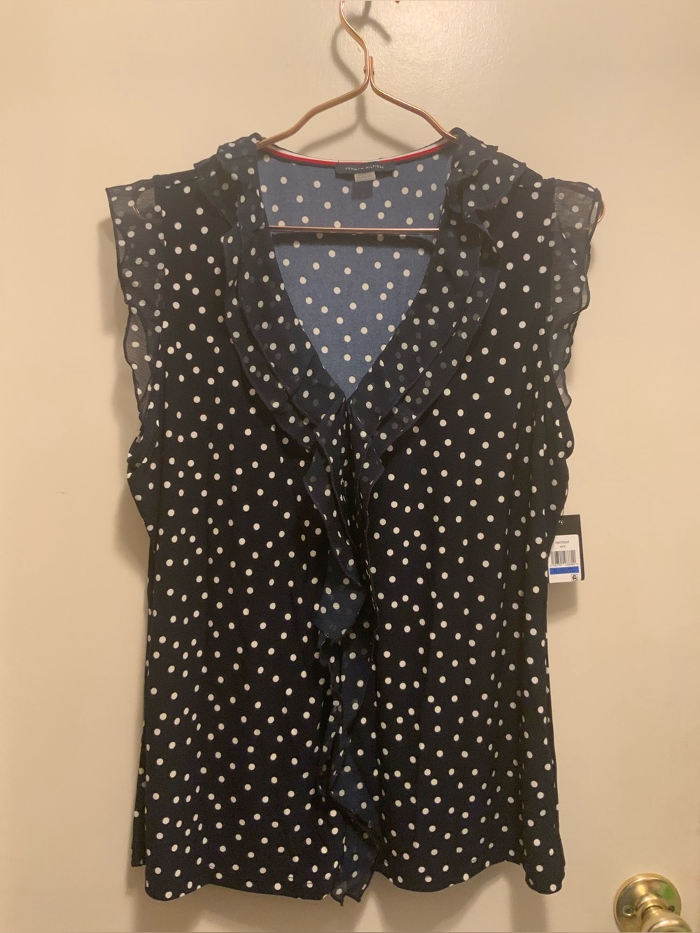 Tommy Hilfiger Navy Polka Dot Ruffle Sleeveless Top